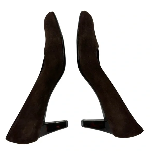SALVATORE FERRAGAMO Brown Suede Pumps Sz 11.5C Tortoise Heel - Picture 6 of 10
